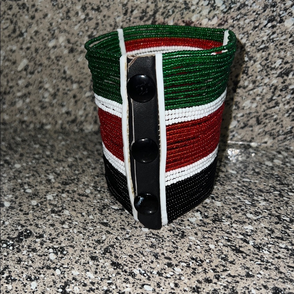 Handcrafted African Beaded Bracelet - Red, Green, Black - Picture 2 of 10